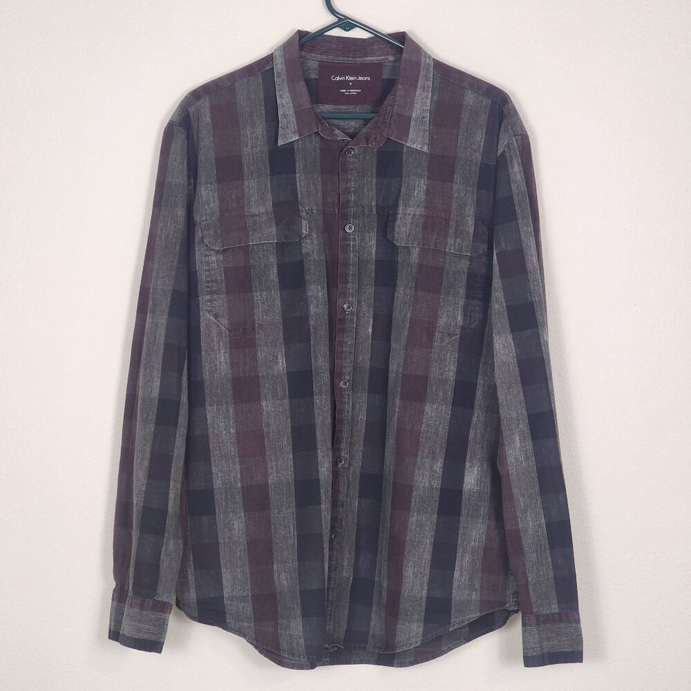 Calvin Klein Jeans Grey, Blue, and Maroon Plaid Button Down Shirt Mens XL